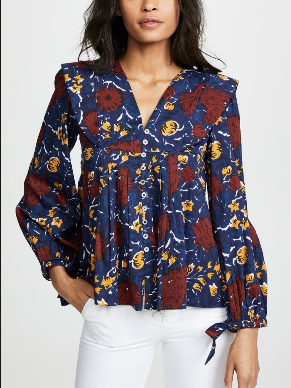 Sea New York Navy Floral Button-Front Blouse with Maroon & Mustard Accents